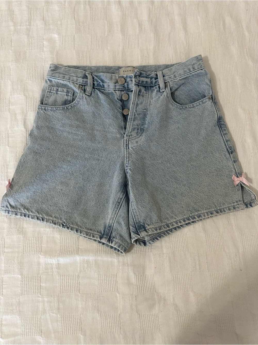 PacSun Light Blue High Rise Relaxed Denim Shorts with Pink Side Bows